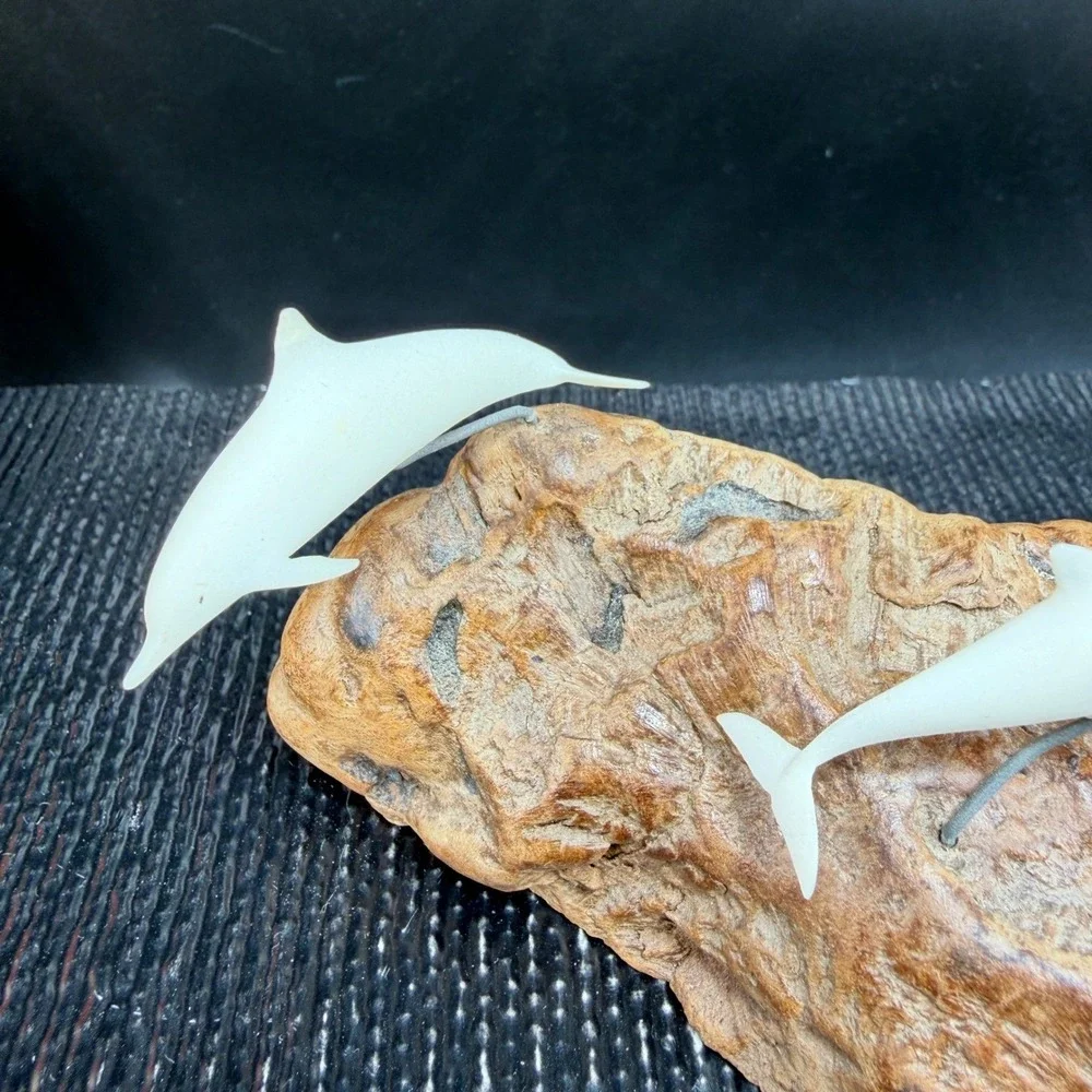 Dolphin Burl Wood Sculpture Two White Dolphins‎ Jumping Coastal Nautical Decor